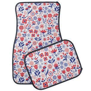 Blue & Coral Floral Pattern Car Floor Mat