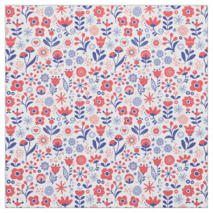 Blue & Coral Floral Pattern Fabric