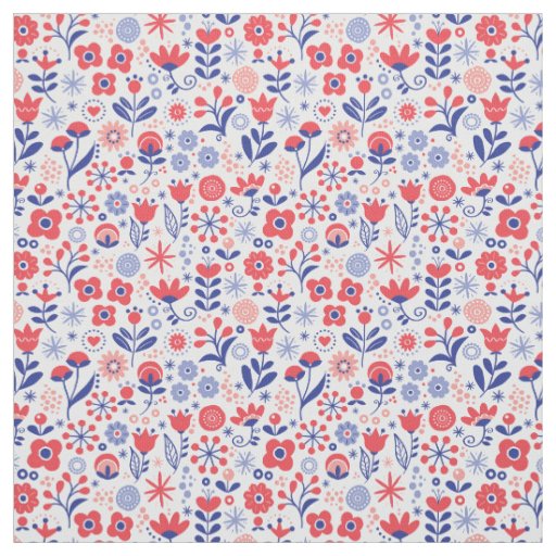Blue & Coral Floral Pattern Fabric