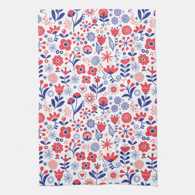 Blue & Coral Floral Pattern Kitchen Towel (Vertical)