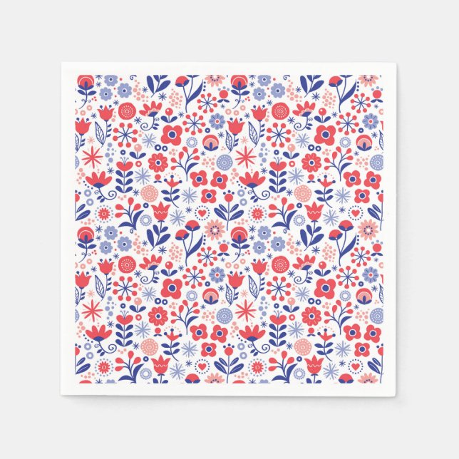 Blue & Coral Floral Pattern Napkins (Front)