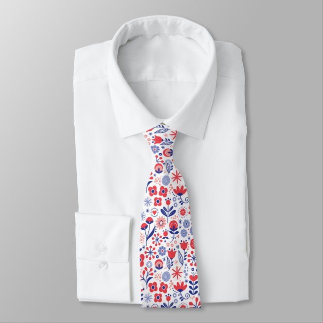 Blue & Coral Floral Pattern Neck Tie (Tied)