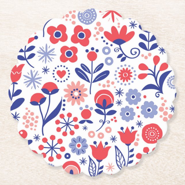 Blue & Coral Floral Pattern Paper Coaster (Front)