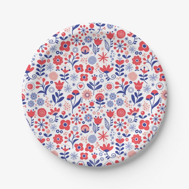 Blue & Coral Floral Pattern Paper Plates (Front)