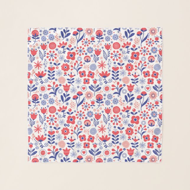 Blue & Coral Floral Pattern Scarf (Front)