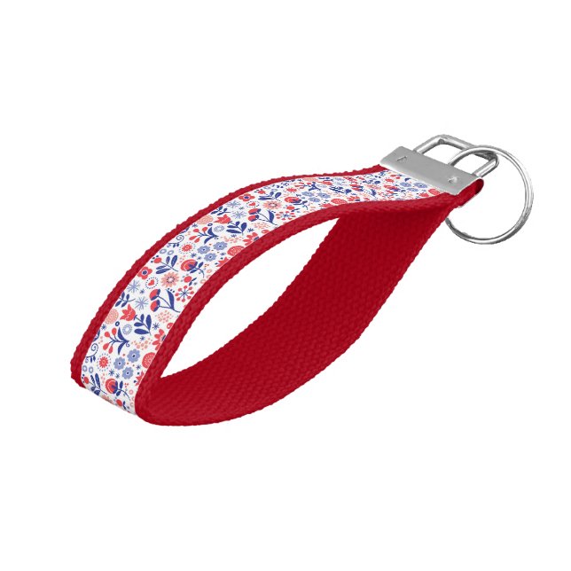 Blue & Coral Floral Pattern Wrist Keychain (Angled Up)