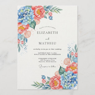 Blue Coral Floral Whimsy Wedding Invitation
