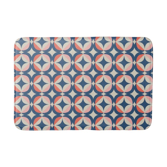 Blue & Coral Geometric Pattern Bath Mat (Front)