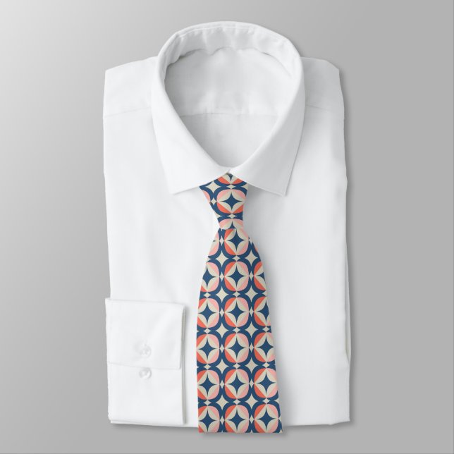 Blue & Coral Geometric Pattern Neck Tie (Tied)