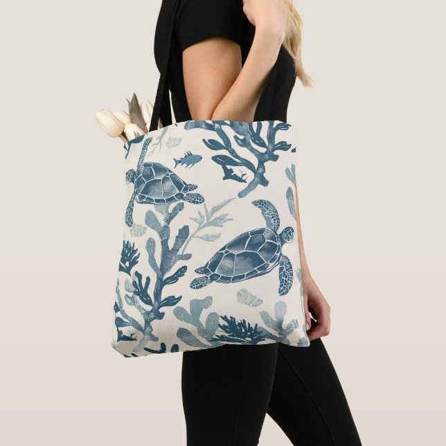 Blue Coral Leaves Art Print Tote Bag (Close Up)
