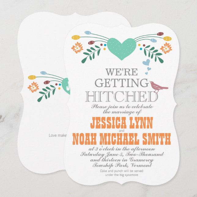Blue Coral Mint Floral Typography Wedding Invites (Front/Back)