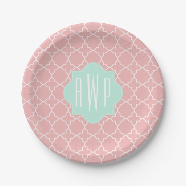 Blue + Coral Monogram Quatrefoil Paper Plates (Front)