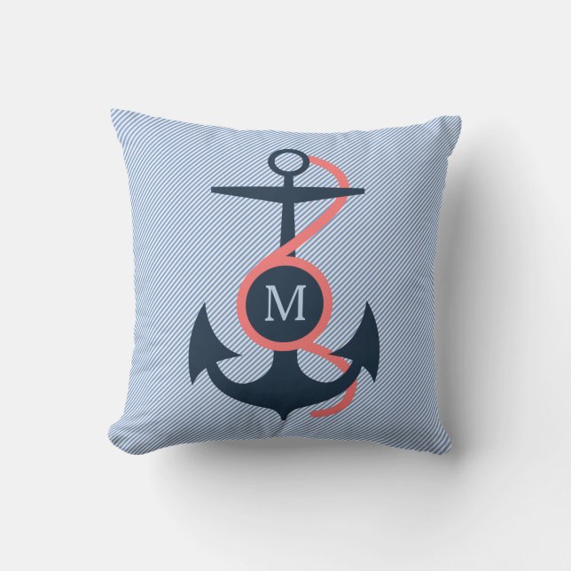 Blue & Coral Nautical Boat Anchor Throw Pillow (Front)