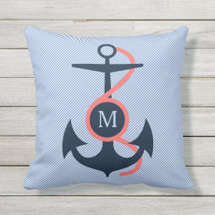 Blue & Coral Nautical Boat Anchor Throw Pillow