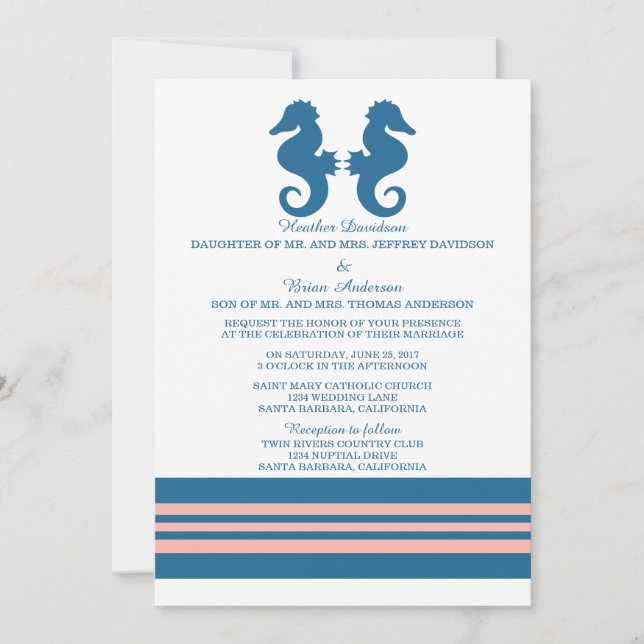 Blue Coral Nautical Seahorse Wedding Invite (Front)