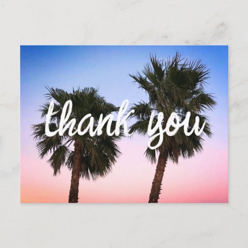 Blue Coral Ombre Sunset Palm Trees Thank You Postcard