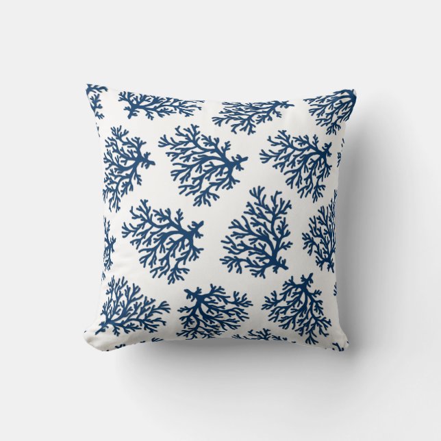 Blue Coral on White Throw Pillow (Front)