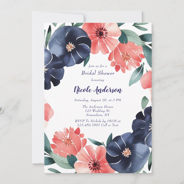 Blue & Coral Paint Bouquet Bridal Shower Invitation (Front)
