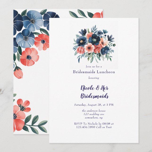 Blue & Coral Paint Bouquet Bridesmaids Luncheon Invitation (Front/Back)