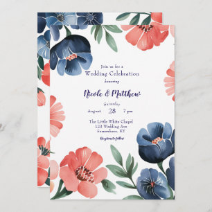 Blue & Coral Painted Bouquet Wedding Celebration Invitation