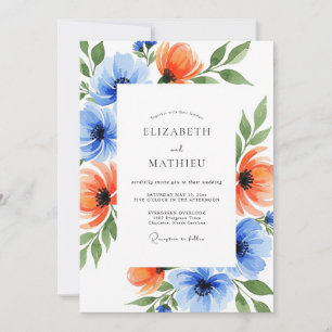 Blue Coral Painterly Blossom Wedding Invitation