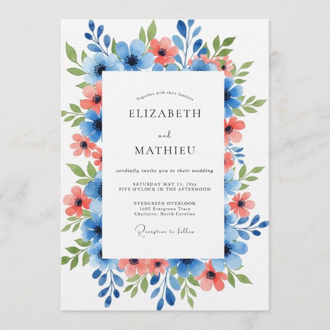 Blue Coral Painterly Floral Wedding Invitation (Front)