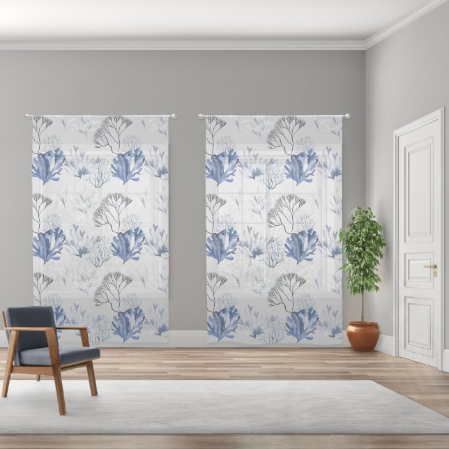 Blue Coral Pattern Sheer Curtains (Wide)