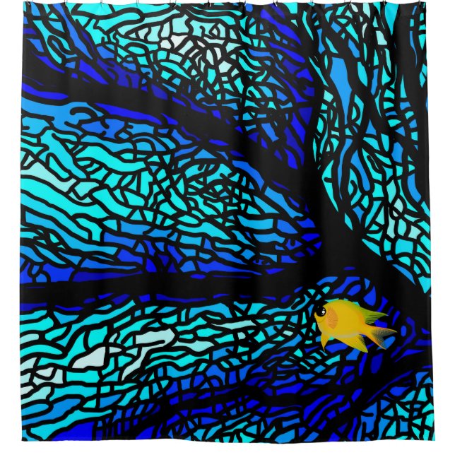 blue coral pattern yellow fish shower curtain (Front)