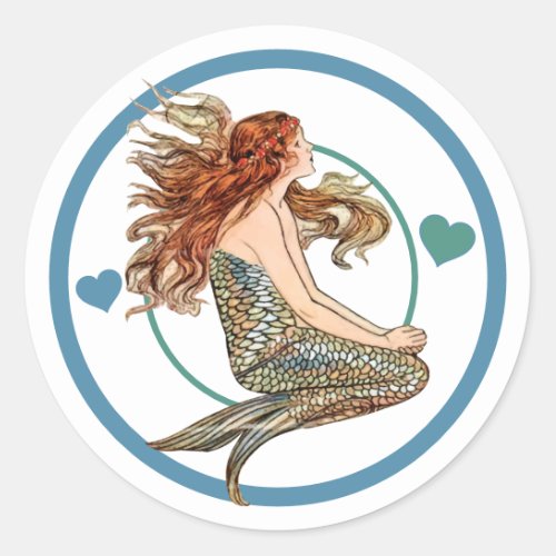 Blue Coral Peach Adorable Mermaid Birthday Party Classic Round Sticker