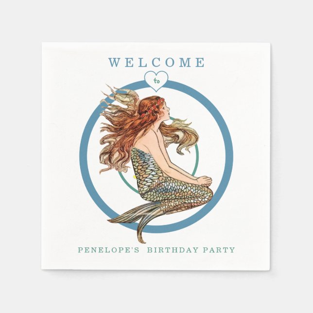 Blue Coral Peach Adorable Mermaid Birthday Party Napkins (Front)