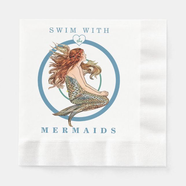 Blue Coral Peach Adorable Mermaid Birthday Party Napkins (Front)