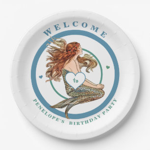 Blue Coral Peach Adorable Mermaid Birthday Party Paper Plates