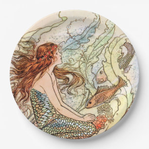 Blue Coral Peach Adorable Mermaid Birthday Party Paper Plates