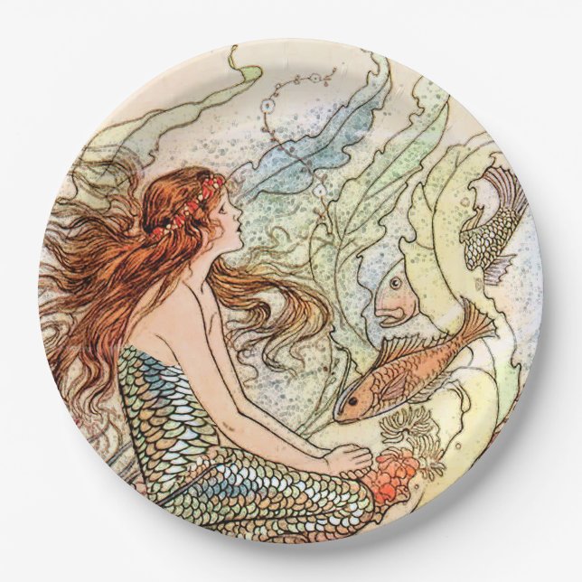Blue Coral Peach Adorable Mermaid Birthday Party Paper Plates (Front)