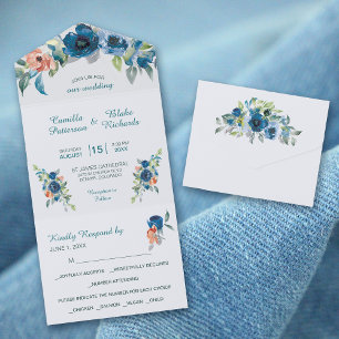 Blue Coral Peach Floral Bouquet Wedding All In One Invitation