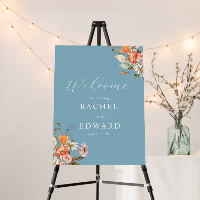  Blue Coral Pink Floral Wedding Welcome Sign  (In Situ (Stand))