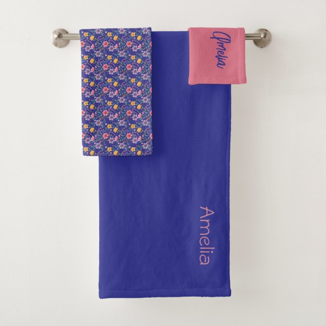 Blue coral pink simple wildflower pattern name bath towel set (Insitu)