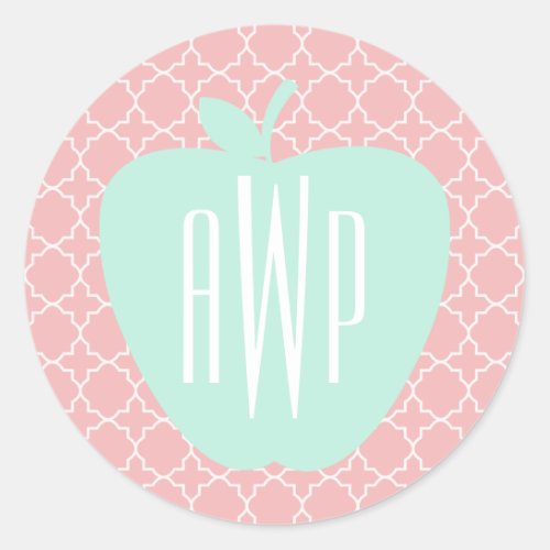 Blue  Coral Quatrefoil Monogram Teacher Classic Round Sticker