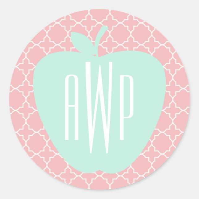 Blue + Coral Quatrefoil Monogram Teacher Classic Round Sticker (Front)