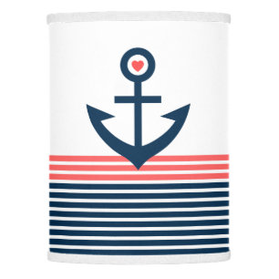 Blue & Coral Red Stripes & Nautical Boat Anchor Lamp Shade