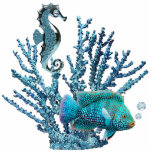 Blue Coral Reef Pin Statuette<br><div class="desc">Acrylic photo sculpture pin of blue coral sheltering a gleaming blue seahorse and a beautiful blue fish with light blue topaz air bubbles. See matching acrylic photo sculpture keychain, magnet, ornament and sculpture. See the entire Under the Sea Buttons & Pins collection in the SPECIAL TOUCHES | Party Favors section....</div>