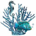 Blue Coral Reef Sculpture<br><div class="desc">Acrylic photo sculpture of blue coral sheltering a gleaming blue seahorse and a beautiful blue fish with light blue topaz air bubbles. This is a great Under the Sea party decor piece that can be used anywhere, even in a centerpiece! See matching acrylic photo sculpture pin, keychain, magnet and ornament....</div>