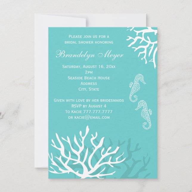 Blue Coral Reef Seahorse Bridal Shower Invitations (Front)