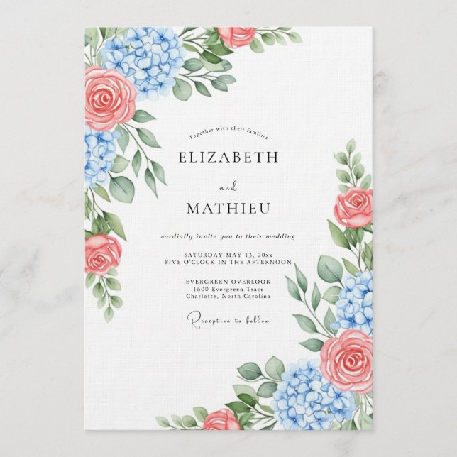 Blue Coral Rose Botanical Wedding Invitation (Front)