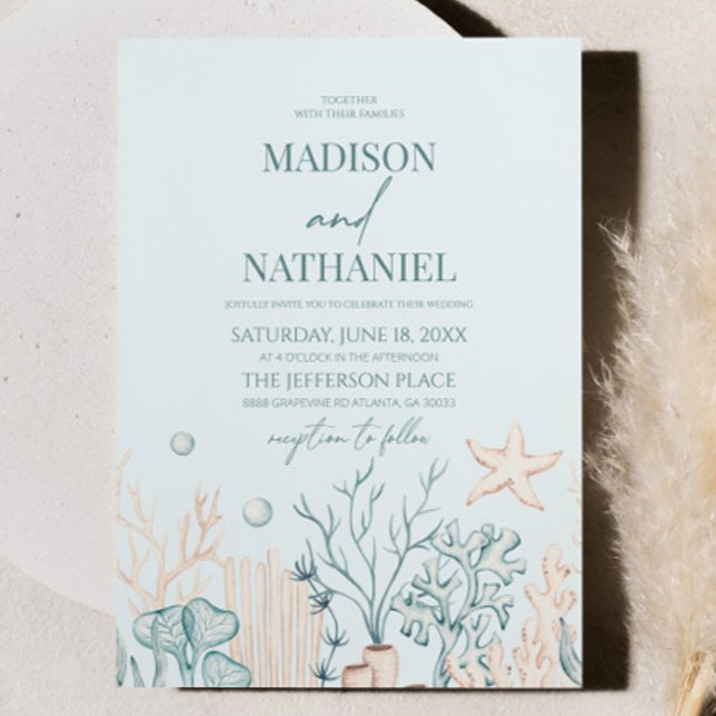 Blue Coral Sea Shell Ocean Beach Wedding Invitation (Creator Uploaded)