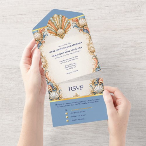 Blue Coral Seashell Wedding Card Coastal Luxury