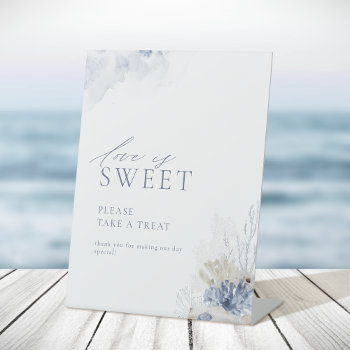 Blue Coral & Seashells Beach Love Is Sweet Favor Pedestal Sign by AvaPaperie at Zazzle