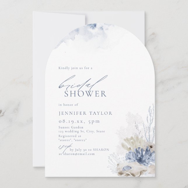 Blue coral & seashells beach themed Bridal Shower Invitation (Front)