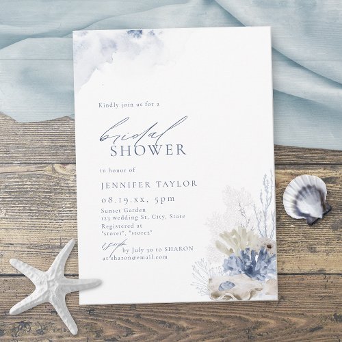 Blue coral  seashells beach themed Bridal Shower Invitation