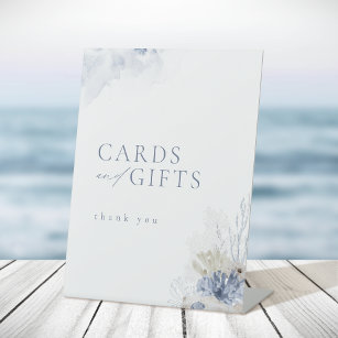 Blue Coral Seashells Beach Wedding Cards & Gifts Pedestal Sign